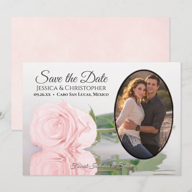 Reserva La Fecha Rosa rosa de Rubor con foto de Oval Boda romántico (Anverso / Reverso)