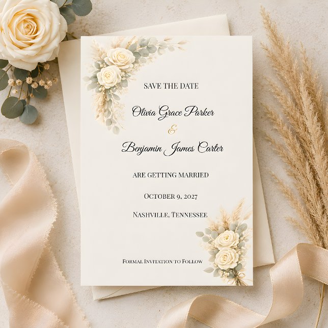 Reserva La Fecha Rosa Rústica de Lujo con Hierba de Pampas   (Part of the luxury rustic wedding themed collection, save the date card)