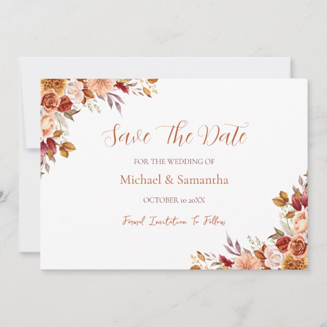 Reserva La Fecha Rosa Rústica y Crisantemo Boda de Otoño (Anverso)