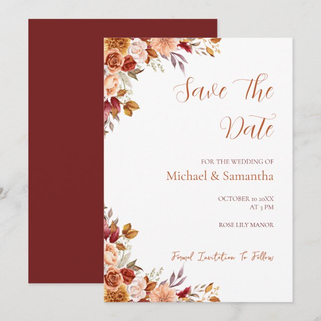 Reserva La Fecha Rosa Rústica y Crisantemo Boda de Otoño (Anverso / Reverso)