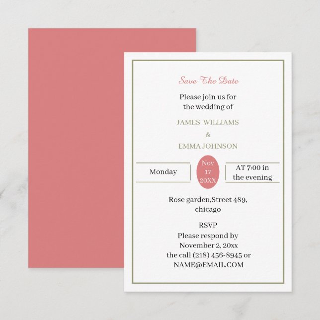 Reserva La Fecha Rosa Simple Y Verde Personalizado (Anverso / Reverso)