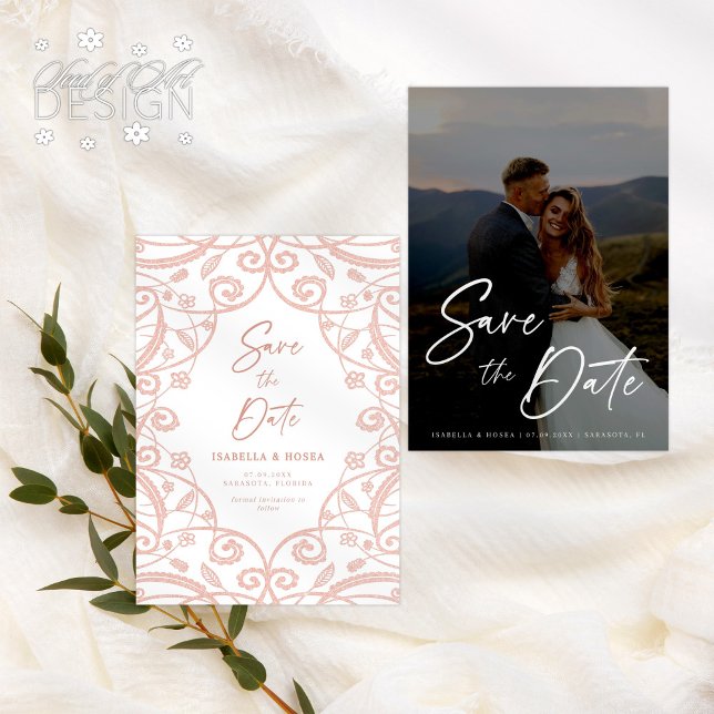 Reserva La Fecha Rosa Suave Oro Glitter Floral Encaje Foto de Boda (Subido por el creador)