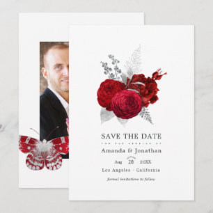 Reserva La Fecha Rosa vintage roja y plateada para foto de boda