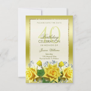 Reserva La Fecha Rosas amarillas y Purpurinas de oro 40 cumpleaños