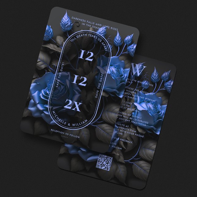 Reserva La Fecha Rosas azul marino oscuras góticas elegantes boda  (Gothic Boho Navy Blue Floral Simple Wedding Save The Date
)
