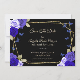 Reserva La Fecha Rosas Azules Elegantes de Oro Negro Cumpleaños 18