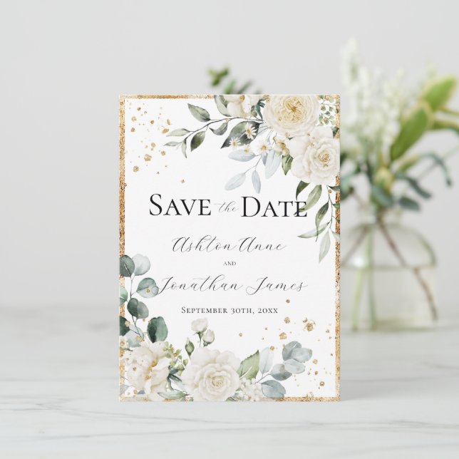 Reserva La Fecha Rosas Blancas Boda Elegante Moderna Dorada (Anverso de pie)