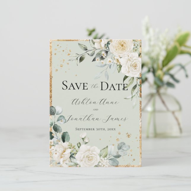 Reserva La Fecha Rosas Blancas Boda Moderna Elegante Dorado Verde (Anverso de pie)
