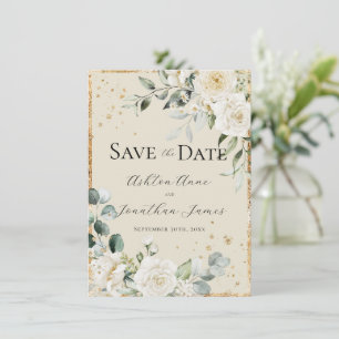 Reserva La Fecha Rosas Blancas Crema Dorado Elegante Boda Moderna