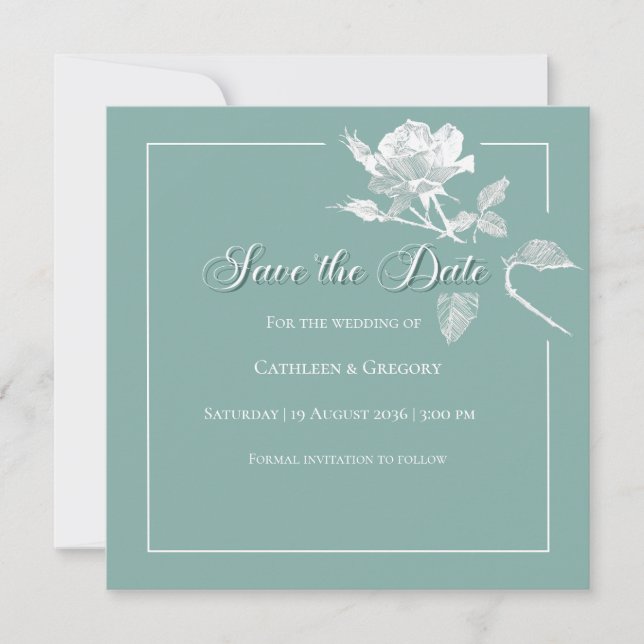 Reserva La Fecha Rosas Blancas Modernas Floral de Boda Verde Salvia (Anverso)