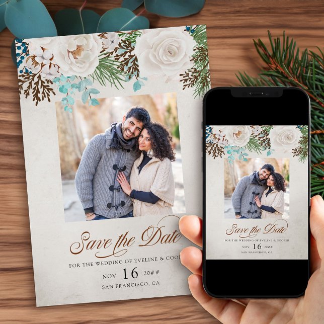 Reserva La Fecha Rosas Bodas blancos de invierno y foto de pino (Photo Save the Date for christmas engagement or Winter Wedding wth elegant calligraphy)