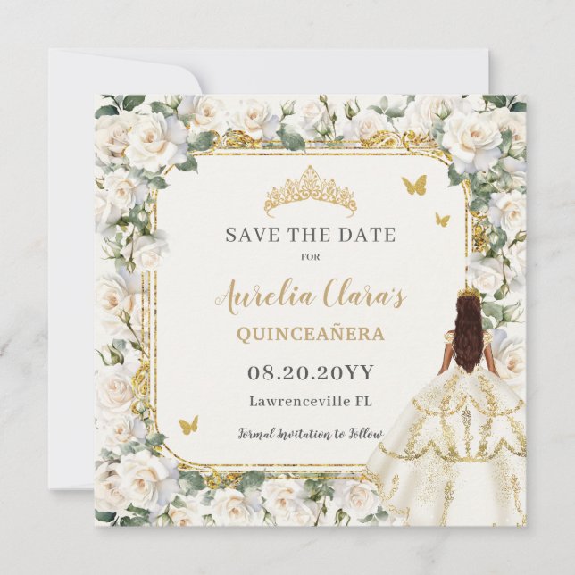 Reserva La Fecha Rosas de marfil de la Princesa Quinceañera (Anverso)