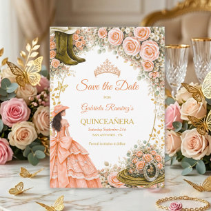 Reserva La Fecha Rosas de melocotón occidental dorado Quinceañera