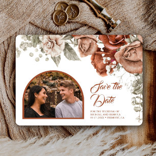 Reserva La Fecha Rosas de Terracota Naranja Quemada Foto de Boda Fl