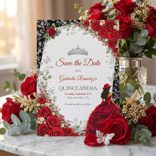 Reserva La Fecha Rosas Elegantes Rojas y Tiara de Plata Quinceañera