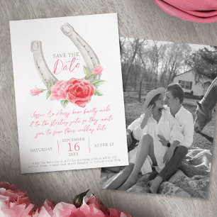 Reserva La Fecha Rosas en herradura acuarela gris rojo rosa boda