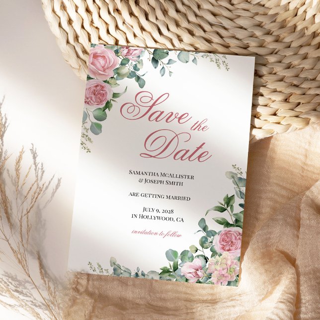 Reserva La Fecha Rosas Florales de Acuarela Rosa (Pink Roses and Eucalyptus Greenery)