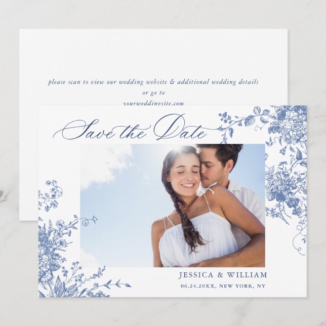Reserva La Fecha Rosas franceses azul victoriano Jardín Boda de cód (Anverso / Reverso)