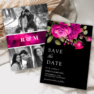 Reserva La Fecha Rosas Fuchsia Rosa Caliente Fotocolage Boda Negra