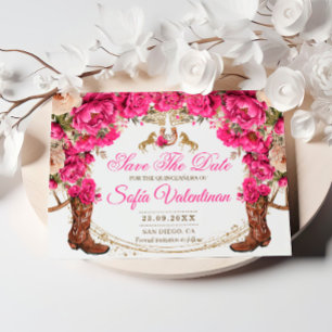 Reserva La Fecha Rosas fucsias y botas de vaquero Country Quinceañe