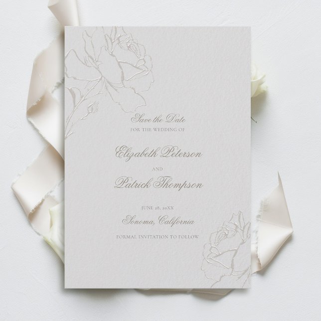 Reserva La Fecha Rosas Grabados en relieve de imitación Boda formal (formal traditional wedding save the date faux embossed roses floral elegant modern classic ivory )