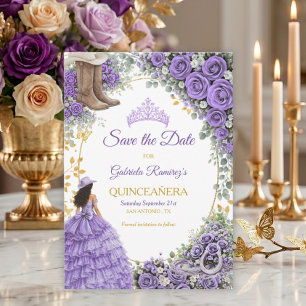Reserva La Fecha Rosas Lavanda Occidental Quinceañera Dorado País