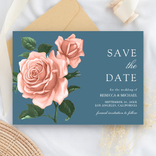 Reserva La Fecha Rosas melocotón azul polvoriento rústico boda