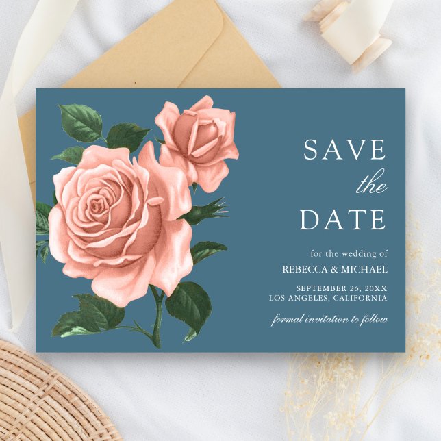 Reserva La Fecha Rosas melocotón azul polvoriento rústico boda (Subido por el creador)