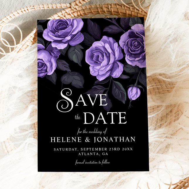 Reserva La Fecha Rosas morados Boda gótico floral oscuro (Purple Roses Dark Moody Floral Gothic Wedding Save The Date)