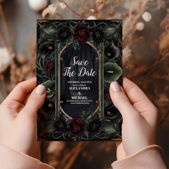 Reserva La Fecha Rosas negros Boda gótico floral de Halloween (Subido por el creador)