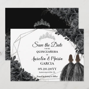 Reserva La Fecha Rosas negros Gemelos Florales XV Quinceañera Plate