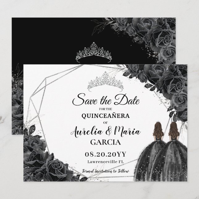 Reserva La Fecha Rosas negros Gemelos Florales XV Quinceañera Plate (Anverso / Reverso)
