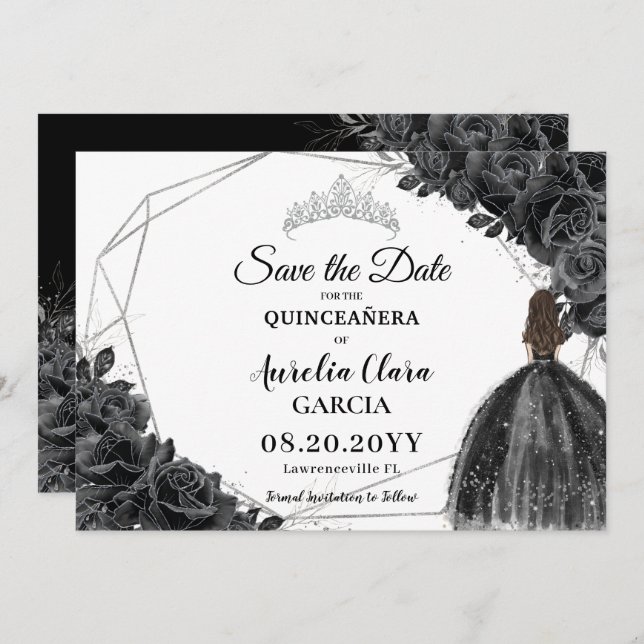 Reserva La Fecha Rosas negros Vestido floral XV 15 Plata Quinceañer (Anverso / Reverso)