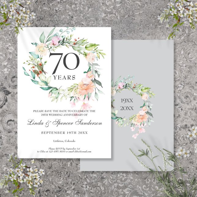 Reserva La Fecha Rosas para Aniversario de Bodas número 70 Guirnald (70th Wedding Anniversary Roses Floral Garland Save The Date)