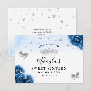 Reserva La Fecha Rosas plateadas y azul real Elegante Salva la Fech