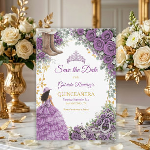 Reserva La Fecha Rosas púrpuras occidentales Quinceañera dorada del