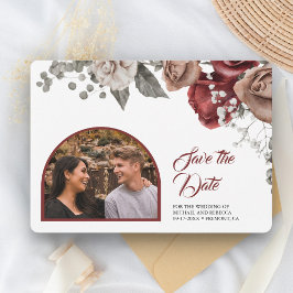 Reserva La Fecha Rosas Rojas Borgoña Floral Boda Foto
