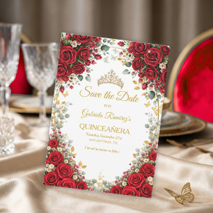 Reserva La Fecha Rosas Rojas Elegantes Mariposas Doradas Quinceañer