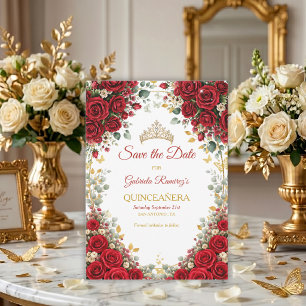 Reserva La Fecha Rosas Rojas Elegantes Mariposas Doradas Quinceañer
