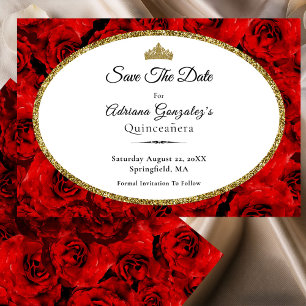 Reserva La Fecha Rosas Rojas Elegantes y Quinceañera de Oro