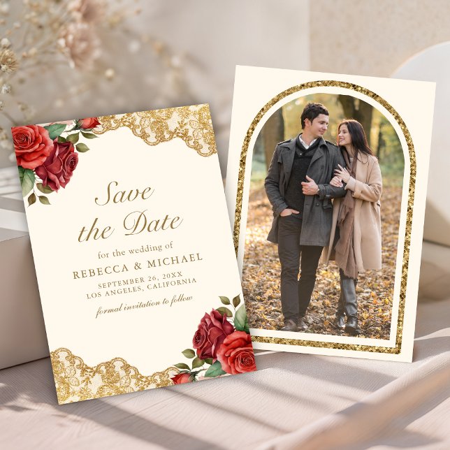 Reserva La Fecha Rosas Rojas Encaje Dorado Foto Boda (Subido por el creador)