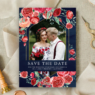 Reserva La Fecha Rosas Rojas Floral Foto Boda Azul Marino