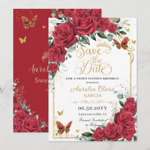 Reserva La Fecha Rosas Rojas Mariposas de Oro Quinceañera Dulces 16