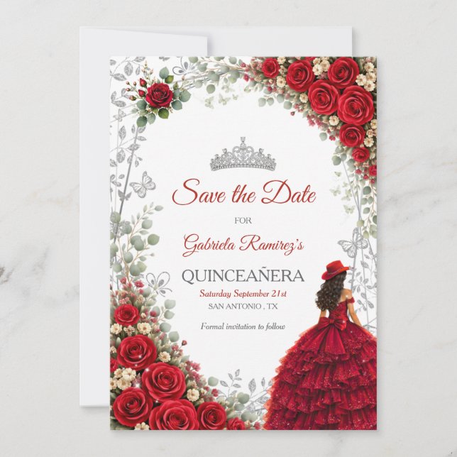 Reserva La Fecha Rosas Rojas Mariposas de Plata Quinceañera (Anverso)