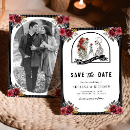Reserva La Fecha Rosas Rojas Pareja Gótica de Esqueleto Foto Boda