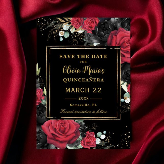 Reserva La Fecha Rosas rojos negros Floral Oro Quinceanera dulce 16 (Subido por el creador)