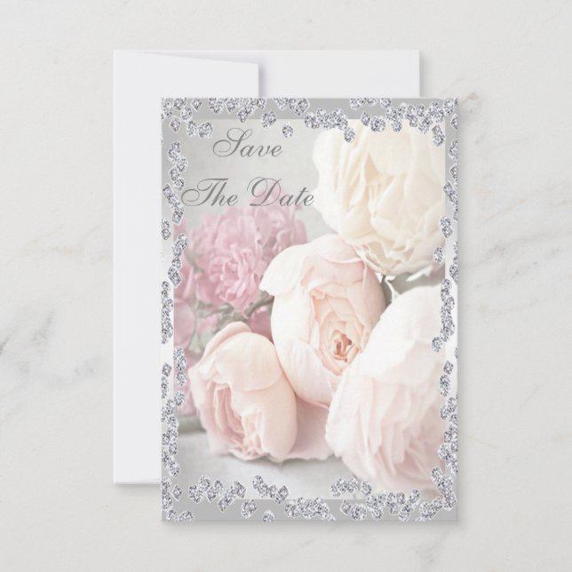 Reserva La Fecha Rosas románticas y diamantes 25 cumpleaños Save Th (Anverso)