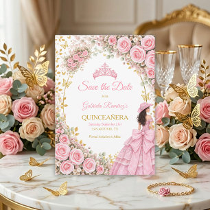 Reserva La Fecha Rosas rosadas acuarela mariposa dorada Quinceañera