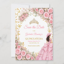 Rosas rosadas acuarela Quinceañera dorada