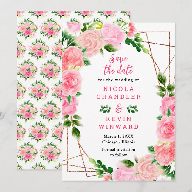 Reserva La Fecha Rosas rosadas con follaje de boda (Anverso / Reverso)